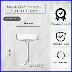 Crystal Glass Ribbed Vintage Art Deco Coupe 8Oz. Set of 12 Crystal Glasses W