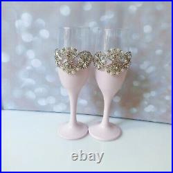 Crystal Handmade Wedding Set of Champagne Flutes Pink Blush Unity Candles Bride