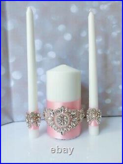 Crystal Handmade Wedding Set of Champagne Flutes Pink Blush Unity Candles Bride
