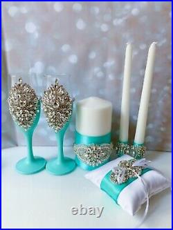 Crystal Handmade Wedding Set of Champagne Flutes Tiffany Unity Candles Bride