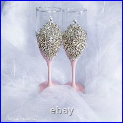 Crystal Pink Wedding Accessories Set Champagne Flutes Blush Unity Candles Pillow