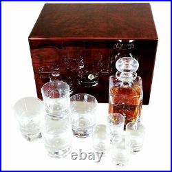 Crystal Whisky Decanter, Tumbler and Shot Glass Set in a English Burl Walnut Box