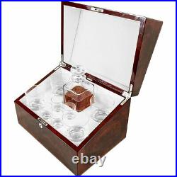 Crystal Whisky Decanter, Tumbler and Shot Glass Set in a English Burl Walnut Box