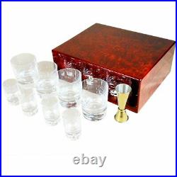 Crystal Whisky Tumbler and Shot Glass Set in a Luxury Makah Burlwood Box
