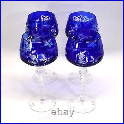 Cut Crystal Bohemian Stemware Grapes Wine glass Cobalt Blue / Clear Set of 4
