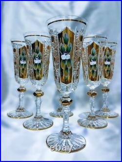 Czech bohemia glass Champagne glasses decorated gold and enamel 6pcs V