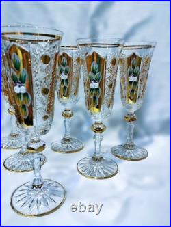 Czech bohemia glass Champagne glasses decorated gold and enamel 6pcs V
