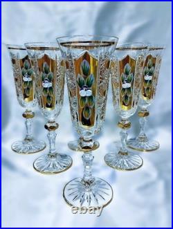 Czech bohemia glass Champagne glasses decorated gold and enamel 6pcs V
