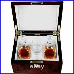 Double Mini Decanter and Crystal Shot Glass Set in a Luxury English Burl Walnut