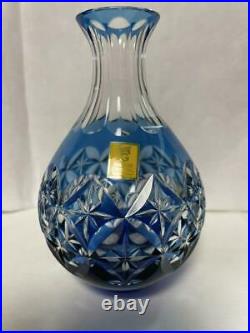 Edo Kiriko Sake cup & Sake bottle Set Blue Kagami Crystal Glassware From Japan