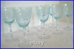 FOSTORIA Blue Navarre LARGE CLARET WINE Set of 8 Crystal Goblets 6 3/8