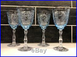 FOSTORIA Navarre Blue Crystal Set 4 Water Goblets Glasses 7 5/8 Etched Signed