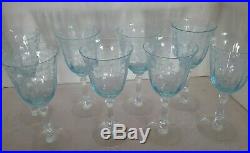 FOSTORIA Navarre Blue Crystal Set of 8 Water Goblets Glasses 7 5/8 Etched EUC