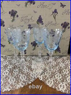 FOSTORIA Navarre Blue Etched Crystal Claret Wine Glass Set 4 Glasses 4 1/2oz