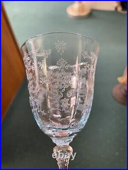 FOSTORIA Navarre Blue Etched Crystal Claret Wine Glass Set 4 Glasses 4 1/2oz