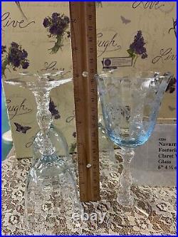 FOSTORIA Navarre Blue Etched Crystal Claret Wine Glass Set 4 Glasses 4 1/2oz