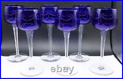 FRENCH Baccarat Blue Crystal Lily of the Valley Floral Hoock Wine Glasses Set 6
