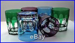 Faberge Crystal Lausanne Set Of 6 Colored Whiskey Glasses / Tumblers, Signed