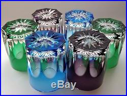 Faberge Crystal Lausanne Set Of 6 Colored Whiskey Glasses / Tumblers, Signed
