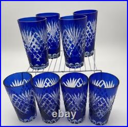 Fifth Ave Cobalt Cut to Clear Tumblers Pineapple & Diamond Bohemian Set of 8
