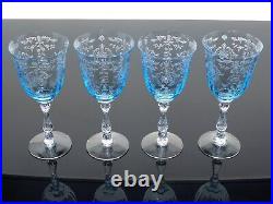 Fostoria Navarre 7 5/8 Azure Blue Crystal 10 Oz Water Goblets Glasses -set Of 4