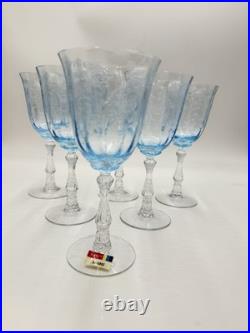 Fostoria Navarre Blue Art Glass Water Goblets Vintage Etched Floral 7.5 Set 6 Fostoria Navarre Blue Art Glass Water Goblets Vintage Etched Floral 7.5 Set 6