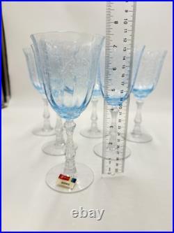 Fostoria Navarre Blue Art Glass Water Goblets Vintage Etched Floral 7.5 Set 6 Fostoria Navarre Blue Art Glass Water Goblets Vintage Etched Floral 7.5 Set 6