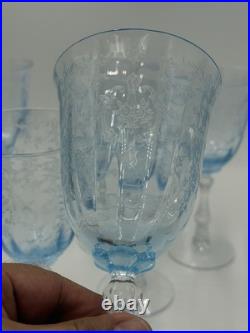 Fostoria Navarre Blue Art Glass Water Goblets Vintage Etched Floral 7.5 Set 6 Fostoria Navarre Blue Art Glass Water Goblets Vintage Etched Floral 7.5 Set 6