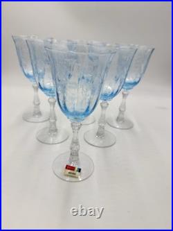 Fostoria Navarre Blue Art Glass Water Goblets Vintage Etched Floral 7.5 Set 6 Fostoria Navarre Blue Art Glass Water Goblets Vintage Etched Floral 7.5 Set 6