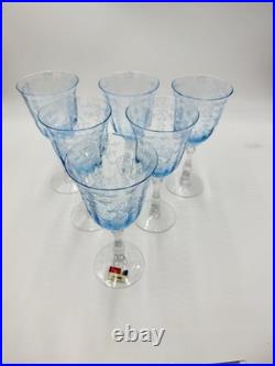 Fostoria Navarre Blue Art Glass Water Goblets Vintage Etched Floral 7.5 Set 6 Fostoria Navarre Blue Art Glass Water Goblets Vintage Etched Floral 7.5 Set 6