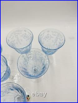 Fostoria Navarre Blue Art Glass Water Goblets Vintage Etched Floral 7.5 Set 6 Fostoria Navarre Blue Art Glass Water Goblets Vintage Etched Floral 7.5 Set 6