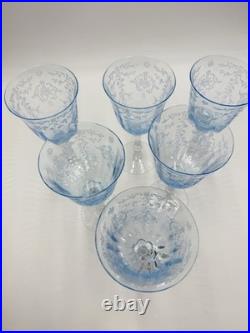 Fostoria Navarre Blue Art Glass Water Goblets Vintage Etched Floral 7.5 Set 6 Fostoria Navarre Blue Art Glass Water Goblets Vintage Etched Floral 7.5 Set 6