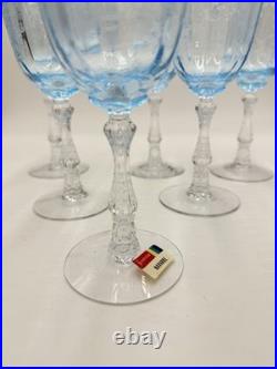 Fostoria Navarre Blue Art Glass Water Goblets Vintage Etched Floral 7.5 Set 6 Fostoria Navarre Blue Art Glass Water Goblets Vintage Etched Floral 7.5 Set 6
