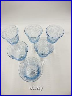 Fostoria Navarre Blue Art Glass Water Goblets Vintage Etched Floral 7.5 Set 6 Fostoria Navarre Blue Art Glass Water Goblets Vintage Etched Floral 7.5 Set 6