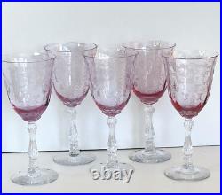 Fostoria Navarre Pink Water Goblets/Glasses Stemware Set Of (5) Etched MINT