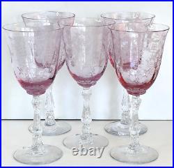 Fostoria Navarre Pink Water Goblets/Glasses Stemware Set Of (5) Etched MINT