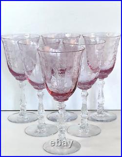 Fostoria Navarre Pink Water Goblets/Glasses Stemware Set Of (6) Etched MINT