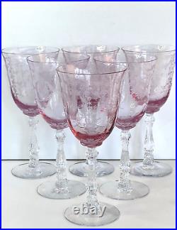 Fostoria Navarre Pink Water Goblets/Glasses Stemware Set Of (6) Etched MINT