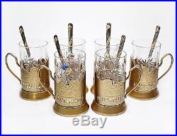 GOLD Set of 6 Russian Vintage Crystal Tea Glass & Handmade Holder Podstakannik