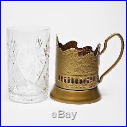 GOLD Set of 6 Russian Vintage Crystal Tea Glass & Handmade Holder Podstakannik