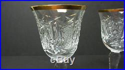 GORGEOUS SET/4 HIGH QUALITY CUT CRYSTAL WINE / CLARET GOBLETS with GOLD RIMS