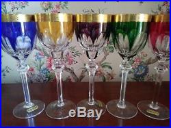 German Tharaud set of 5 Muticolor Cased Cut to Clear Crystal Wine Glasses