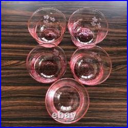 Glass Cup Cherry Blossoms Set of 5 Crystal Red Glassware Drinkware Made in Japan
