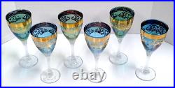 Gold Gilded Venetian Crystal Wine Glasses Blue Green Hand Blown ITALY Set of 6