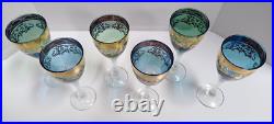Gold Gilded Venetian Crystal Wine Glasses Blue Green Hand Blown ITALY Set of 6