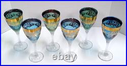 Gold Gilded Venetian Crystal Wine Glasses Blue Green Hand Blown ITALY Set of 6