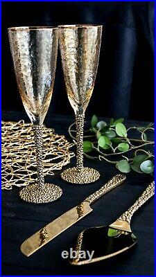 Gold crystal wedding glasses cake server set champagne flutes cake knife cutter