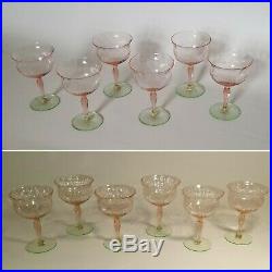 Gorgeous Set Of 6 Etched Watermelon Diamond Optic Crystal Glasses
