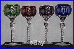 Hand Blown & Cut Crystal Set Of 4 Overlay Cut-to-clear Tall Hock Wine Glass New