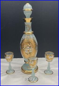 Hand Blown Venetian Crystal Cordial Set Sky Blue 18k With Sticker